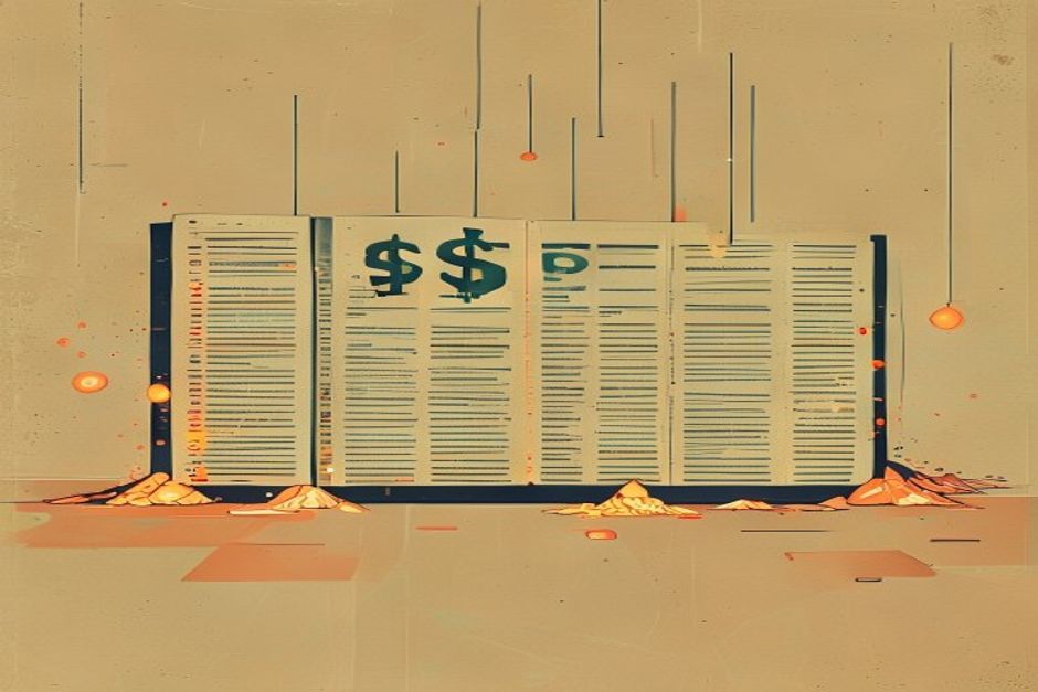 A ledger where a row of glowing token counts collapses into a single dollar-per-task figure, dim failed-attempt rows still summed into the total