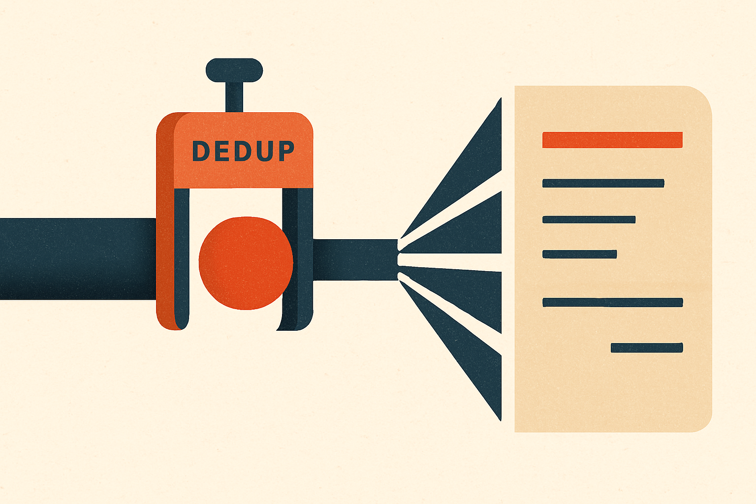 A single event flowing through a pipe with a dedup gate stamping it, then fanning into an aggregated invoice line