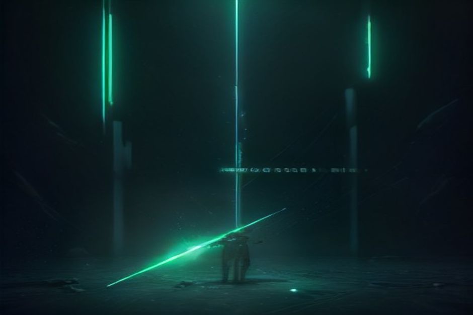 A fast terminal tool-chain frozen mid-run at a single glowing pause gate — most arrows flowing through dim, one held at a bright green checkpoint waiting for a hand, monospaced tokens on near-black steel