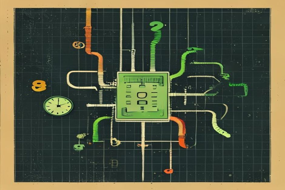 One identical model chip on a dark grid, three pipes leaving it at wildly different widths and speeds, a green stopwatch line measuring the fastest, monospaced numerals, cold