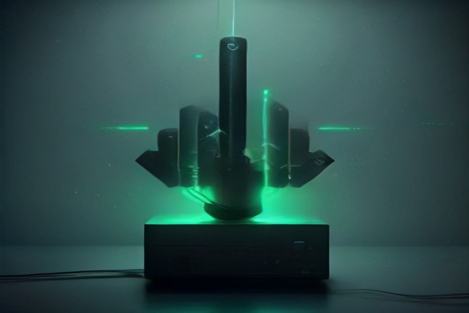 A single coding-terminal cursor being rewired to a distant model through three glowing environment-variable cables, cool steel and mint accents on near-black, one bright green node where the request lands