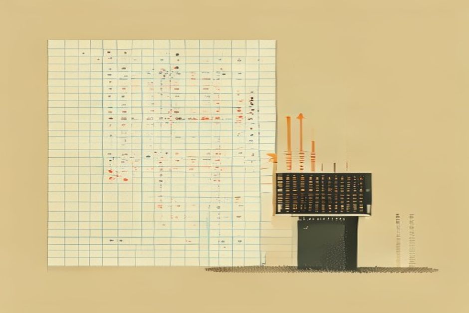 A plain spreadsheet grid on the left with a single glowing column of ranked risk scores emerging on the right, one high-risk row lit in warning amber, a single arrow passing through a transformer block between them