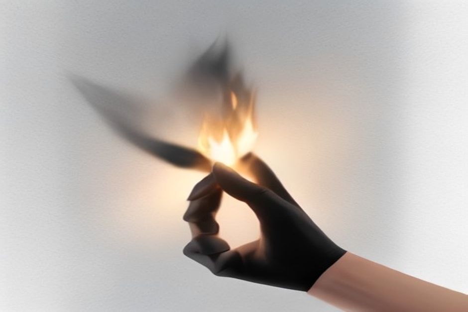 A hand holding a small lit match up to a dark wall, testing for a draft coming through an unseen crack — the flame bending toward the gap