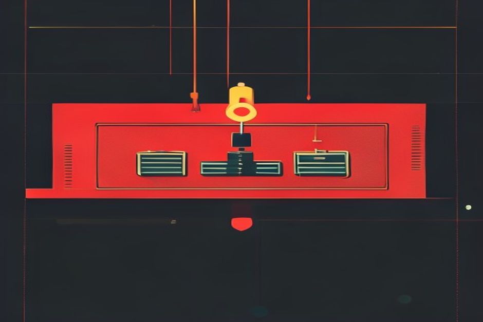 A spending gauge pinned to a hard red ceiling line, three stacked circuit-breaker switches beside it, dark background with a single bright limit line