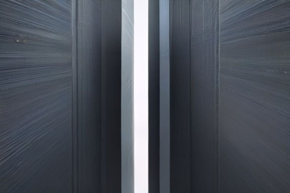 A single tall bar chart column splitting down the middle into two unequal halves — a bright managed-platform bar on one side and a shorter dim open-source bar on the other, a hairline seam between them, dark technical grid