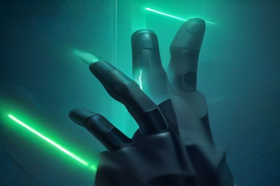A robot arm halted at a heavy steel gate, a single human thumb pressed to a small hardware key that glows green, the action it authorizes printed once on the key's face, cool steel and one warm signal light