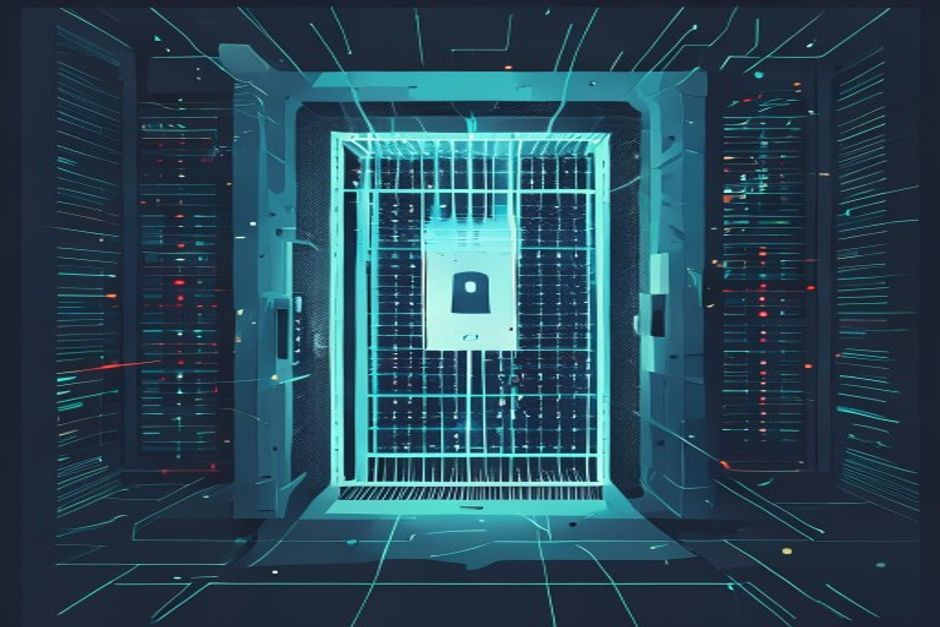 A single locked cell glowing inside a larger server instance, deny-by-default arrows blocked at the cell wall, cool blues and slate