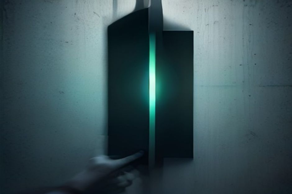 A single robot arm reaching through a narrow keyhole cut into a steel wall, the wall behind it dense with locked doors, one small green key glowing, cool steel tones