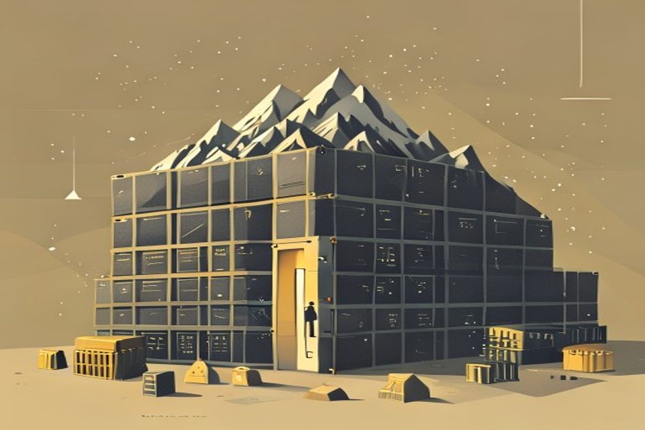 A colossal 2.8-trillion-parameter model rendered as a mountain of sealed crates, with a single small door lit open on one crate labeled 50B, a rack of GPUs glowing beside it