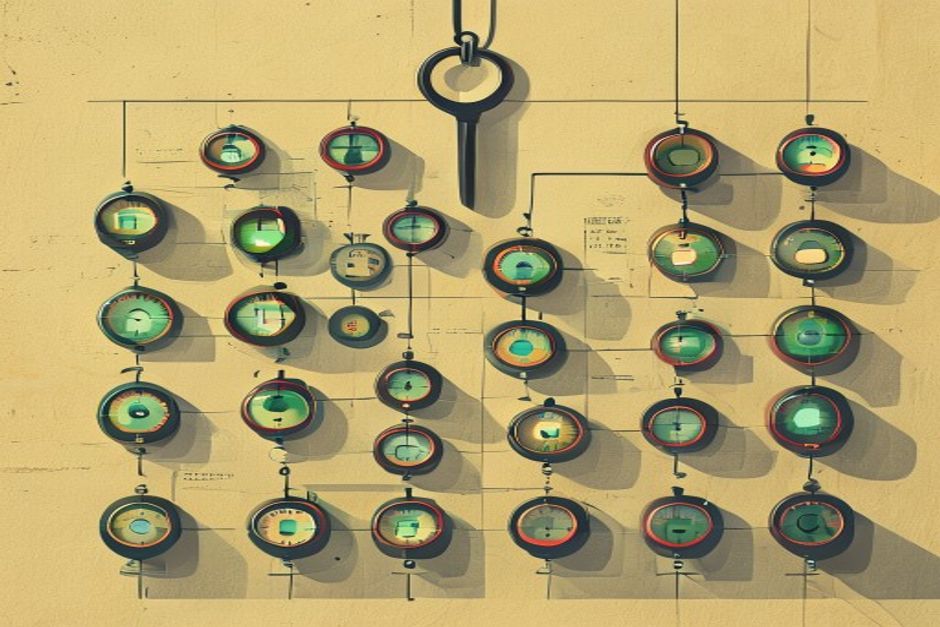 A wall of individual prepaid meters, each a glowing dial capping one customer's stream of tokens and draining in real time, a single master key ring hanging above the grid