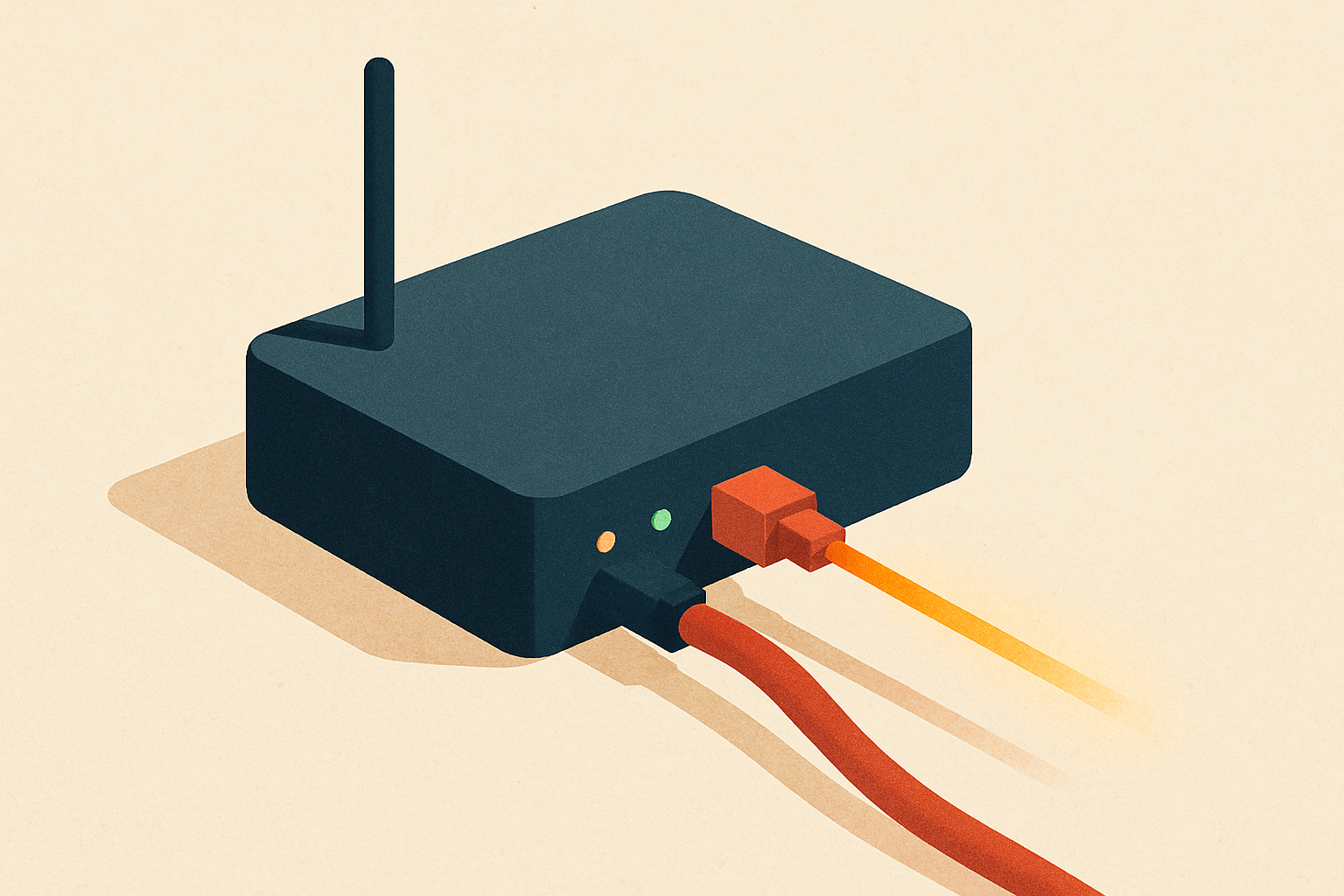 A router with two lit outbound cables — a thick cheap one carrying the bulk load and a thin bright one reserved for the few hard packets