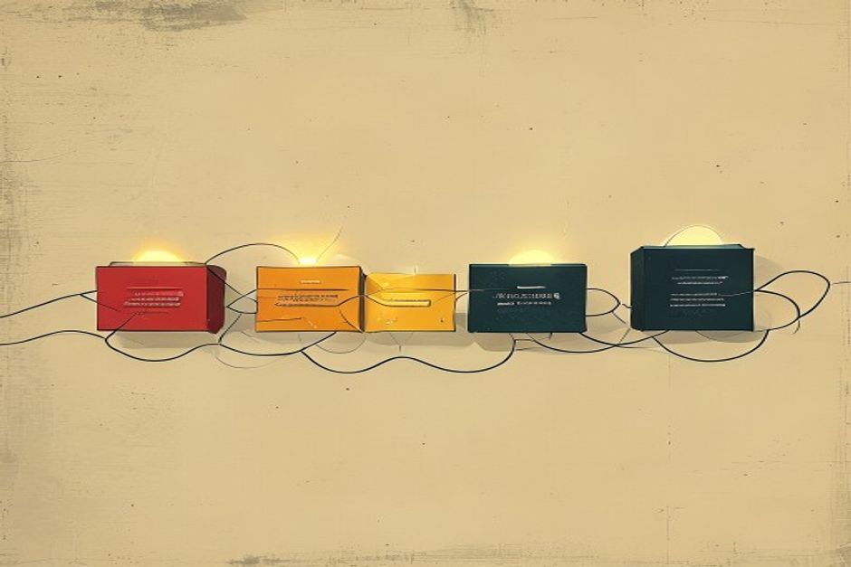 A single glowing thread of light threaded through four boxes in a row — host, client, server, database — stitching them into one continuous span, other unlinked threads lying dark and tangled beside it