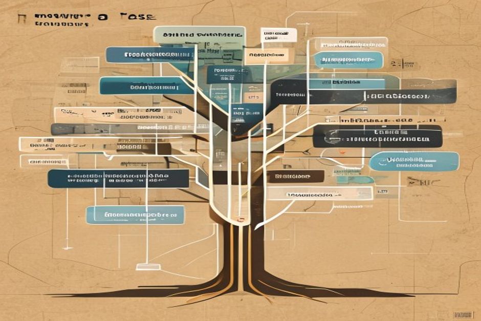 A branching trace tree of nested translucent spans, each labeled span carrying a small numeric score badge, the whole tree resolving into one clean root node — instrumentation made visible
