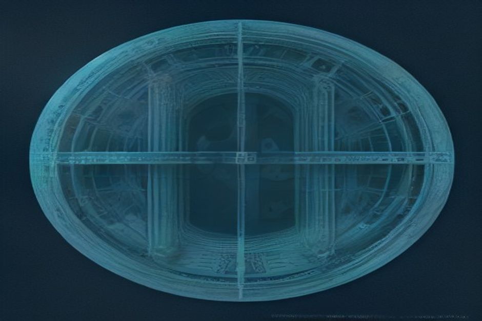 A language model reaching toward a labeled /memories filing drawer through a guarded gateway, the gate stamped with a boundary line, cool slate and mint, blueprint clarity