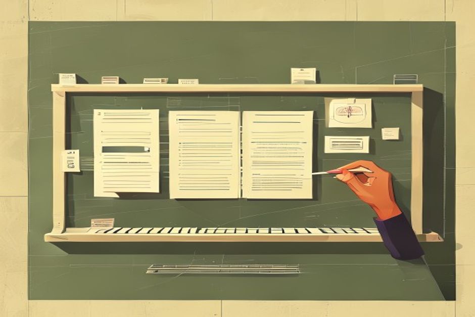 A context window drawn as a horizontal track; on the left, old tool-result cards being lifted out and replaced with thin placeholder slips; on the right, a hand copying two key facts onto a card that gets filed into a drawer standing outside the track