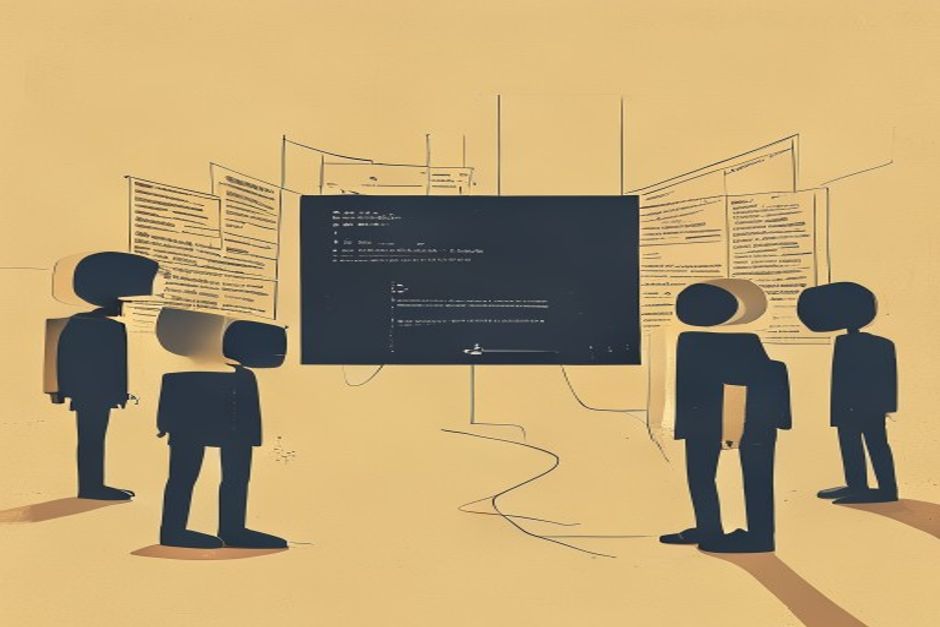 A small plain-text card broadcasting a clean beam toward several AI-assistant silhouettes that turn to face it, while a tangled HTML page behind it is ignored