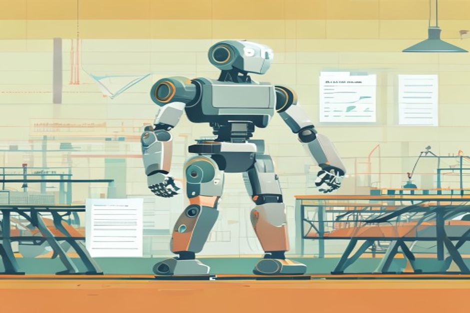 A wheeled industrial humanoid robot on a factory floor, a signed supply contract and a manufacturing line glowing behind it while a benchmark chart fades to grey