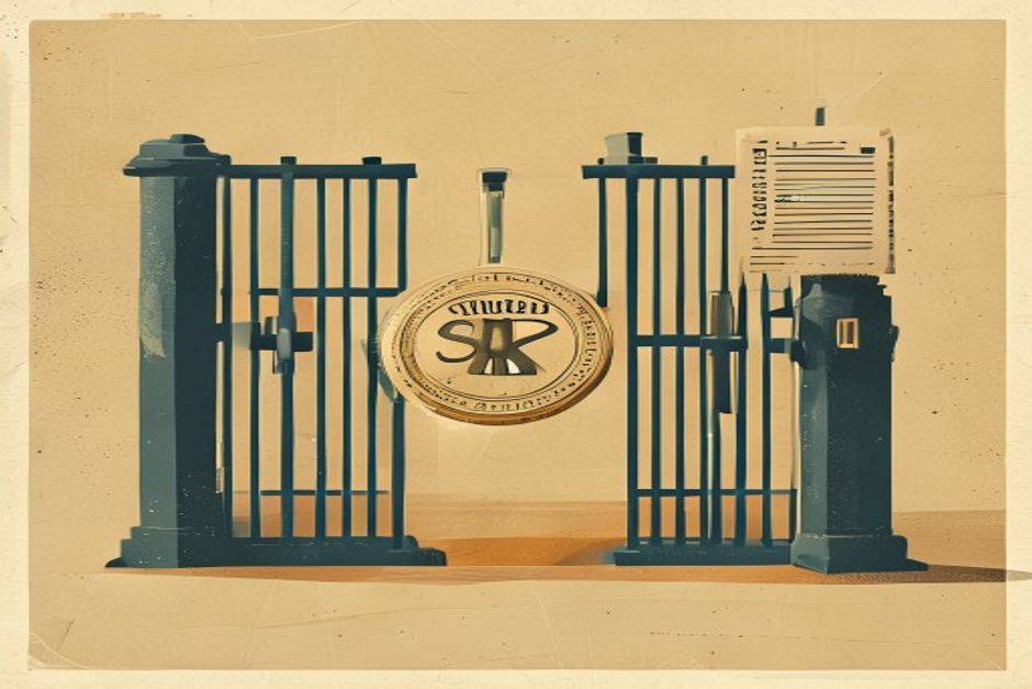 A single stamped token labeled with a key gliding past a guarded turnstile that admits it once and blocks every duplicate behind it; a faded second charge slip crossed out in the background