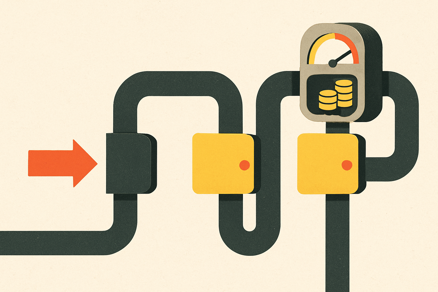 A request entering a pipeline of three gates — a cache lookup, a primary generator, a fallback generator — with a meter clamped to the side counting coins, most requests short-circuiting at the first gate