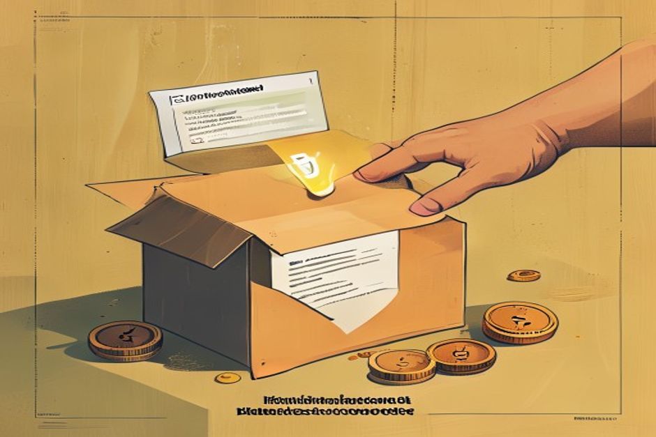 A hand reaching out of an open package box toward a glowing configuration file marked with an assistant cursor, other stolen keys and coins already scattered behind it