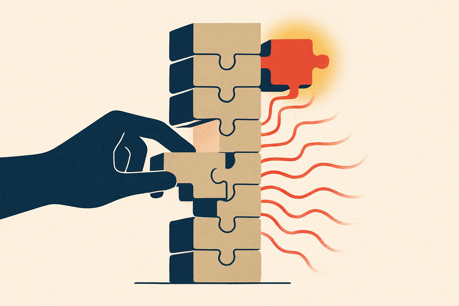 A stack of stacked commit blocks where editing one block low in the stack ripples upward and automatically re-seats every block above it, one block glowing to show a recorded-but-unresolved conflict carried forward