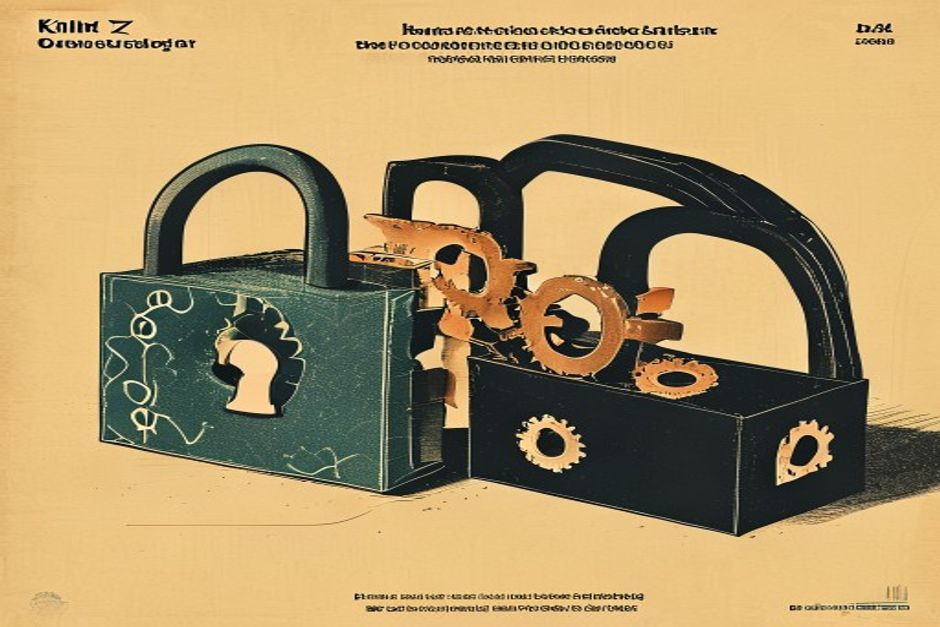 An open padlock rendered as a lattice of visible gears next to two sealed black boxes, all three feeding into the same code editor pane; a price tag on the open lattice reads a third of the price tags on the black boxes