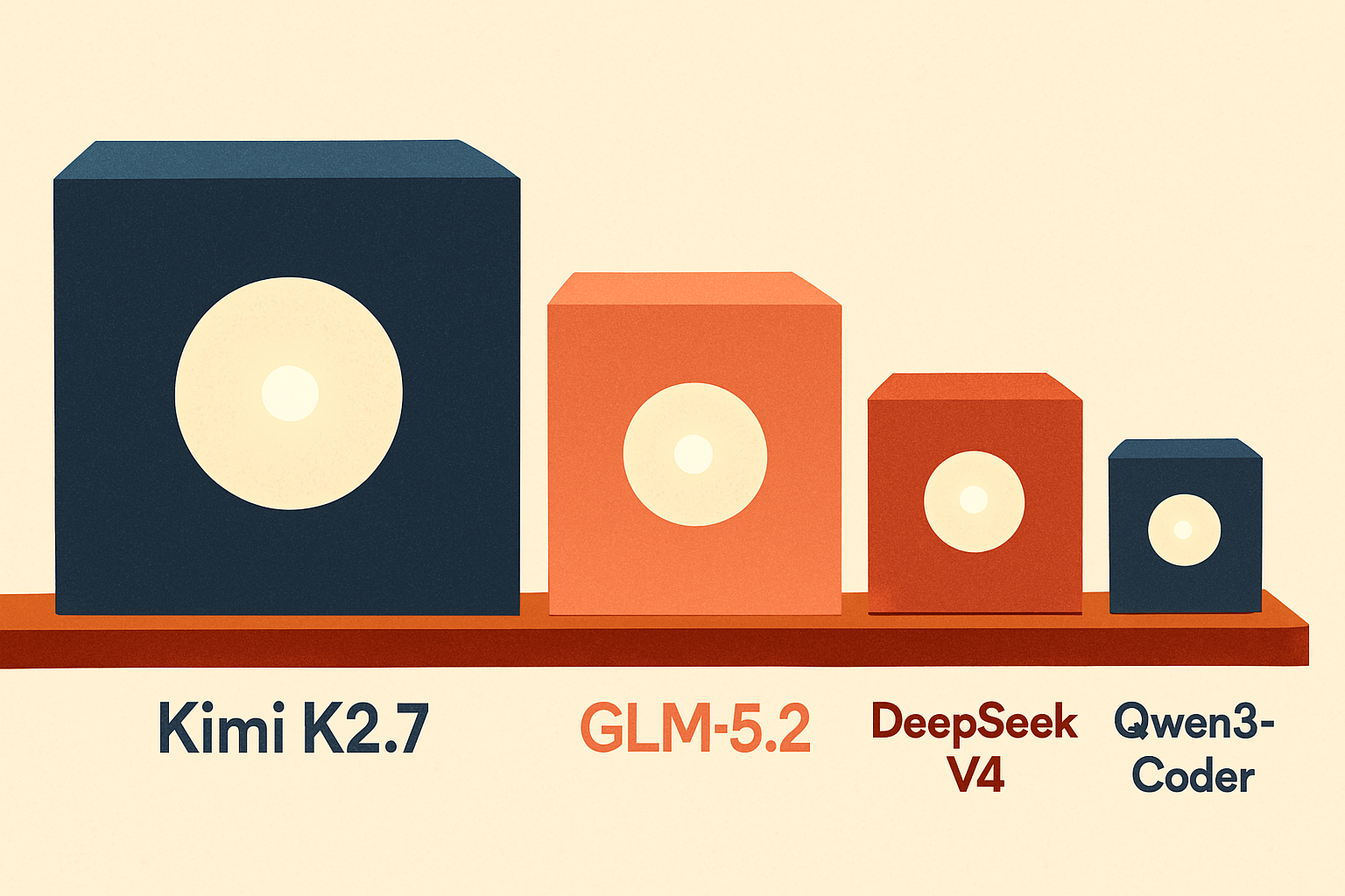 Four labeled blocks of very different sizes lined up on a shelf, each block's visible bulk drawn far larger than a small bright core inside it, the cores nearly the same size across all four