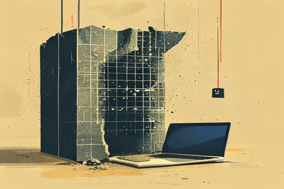 A colossal vault of model weights cracking open beside a single laptop dwarfed by it, a price tag hanging between them
