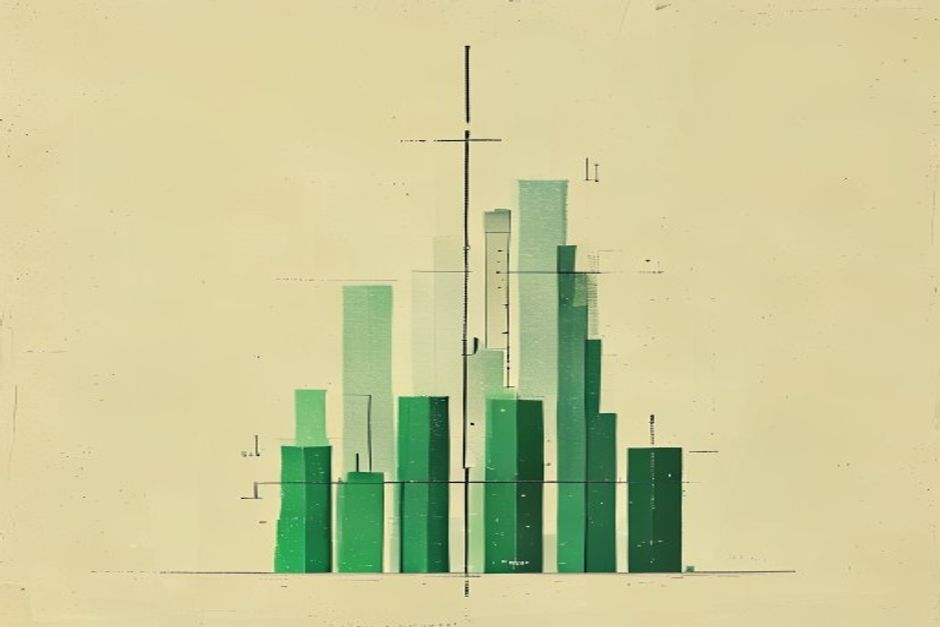 A two-column scorecard rendered as a bar chart, the left column of green bars clearly taller on the bottom rows and the right column of grey bars taller on the top rows — the crossover point glowing where the two columns swap the lead