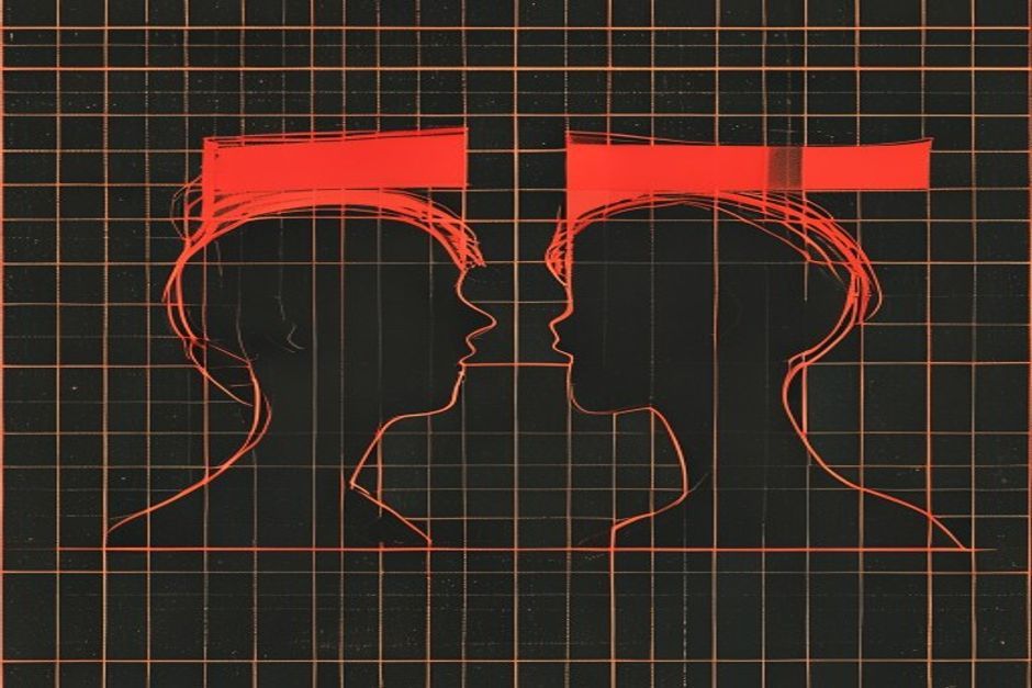 Two nearly-identical model silhouettes on a dark grid, one flagged with a red export-control stamp