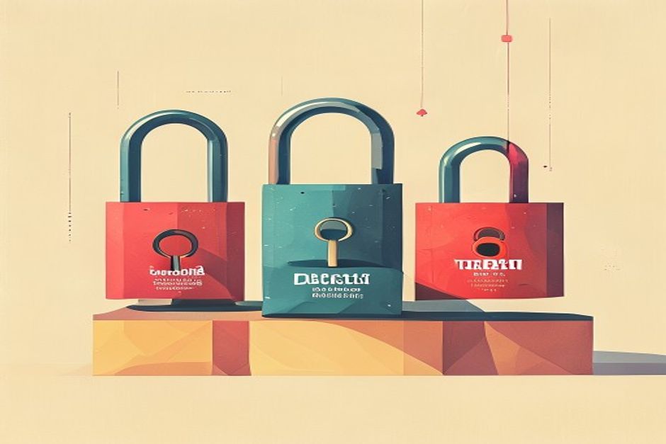 Three open padlocks of different sizes on a leaderboard podium, the tallest one wrapped in fine-print chains, price tags dangling from each