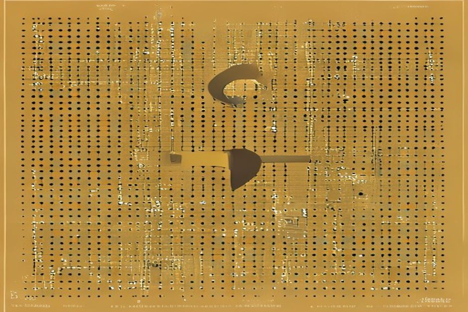 A dense grid of tiny 4-bit cells already locked in place, with a wrench hovering uselessly over them and a second grid on non-native hardware being forced back up to a coarser resolution