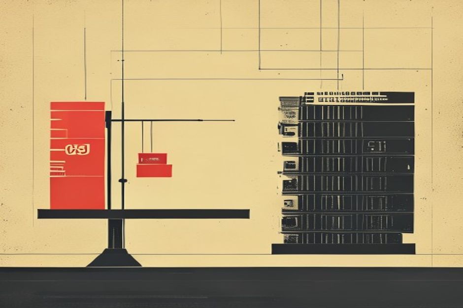 A tiny API key on the left balanced against a towering rack of GPUs on the right, a tipping scale, dark grid