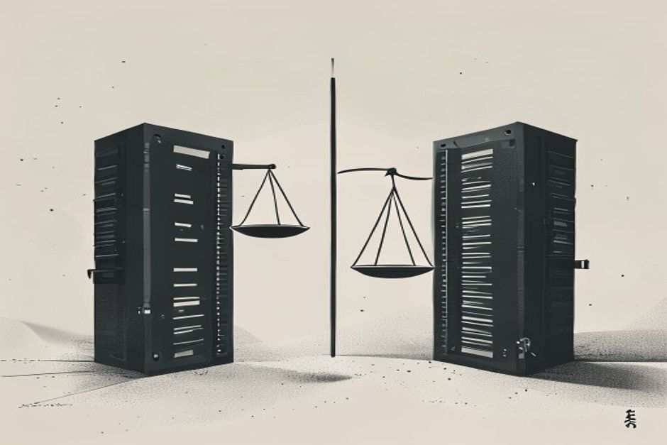 Two backend server blocks facing off across a cold monochrome divide, one a closed padlocked box priced $5/$25, one an open unlatched box priced $3/$15, a scale tipping on cost-per-answer between them