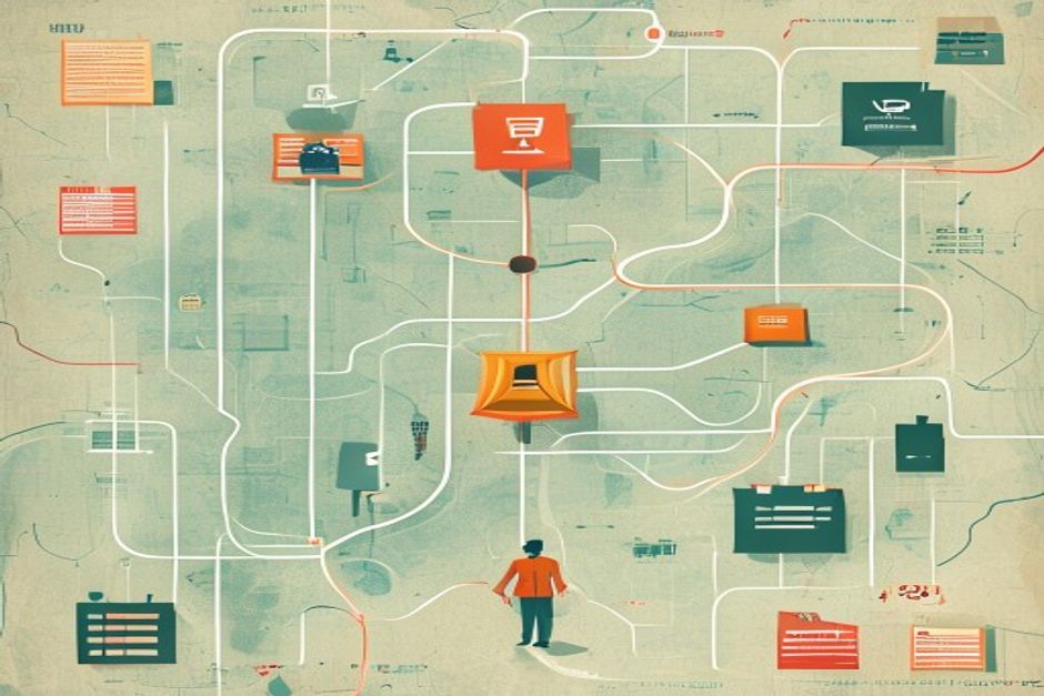 Three routes on a schematic map feeding into a single agent node — one a firehose into a funnel, one a librarian pulling cards on demand, one a factory pre-packing labeled crates — cool slate and amber palette