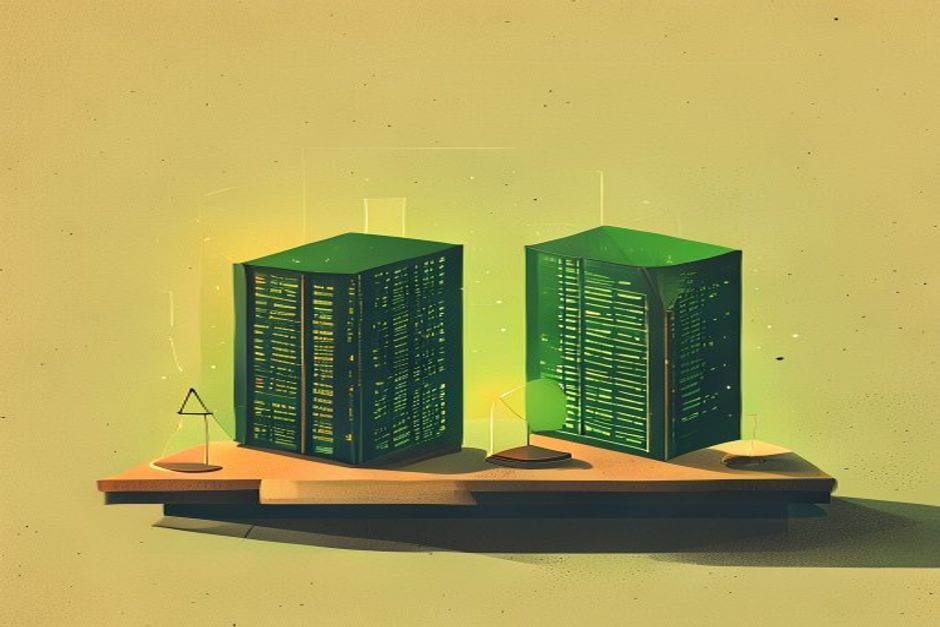 Two open-weight model files on a scale — a small one sitting neatly on a single desktop box glowing green, a giant one overflowing a full server rack that no single machine can hold