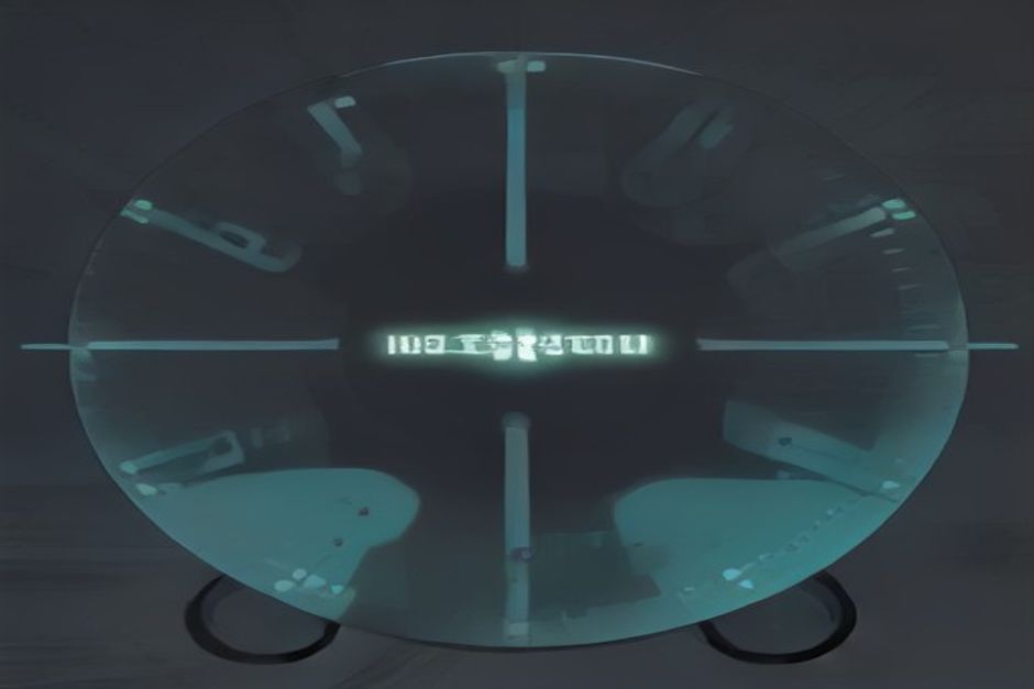 One physical dial wired to four different gauges, each gauge reading a wildly different number from the same knob position, cool steel with a single mint indicator