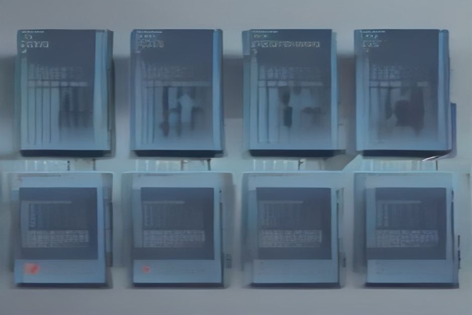 A triage funnel narrowing left to right — a wide stream of pale production traces filtered to a sampled band, then to a few bright cases entering a human review queue and emerging as a small stack of versioned regression cards, cool steel and slate with one mint-green highlight on the human step