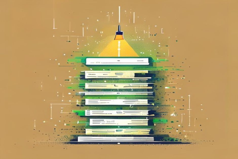 A single glass search bar cutting a beam of light through a stacked wall of agent traces, one row lit green, a small alert bell to the side