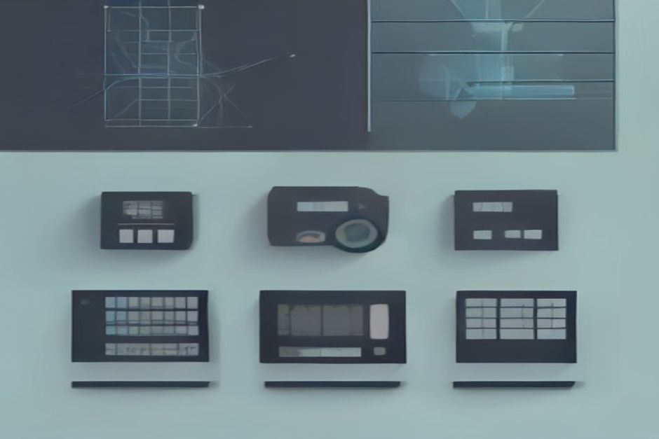 Three instrument panels side by side reading the same signal, one rendered in open wireframe, one in standardized grid lines, one behind glass, cool mint and steel accents