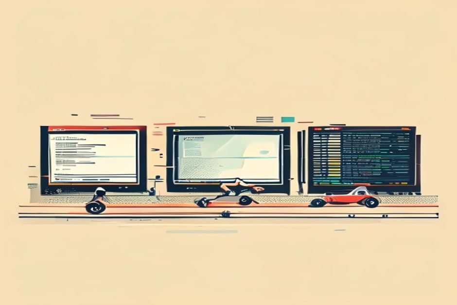 Three browser windows racing on a track — one stripped to a lightweight skeleton sprinting ahead, one a full glass pane rendering pixels, one a managed server rack humming in a data center