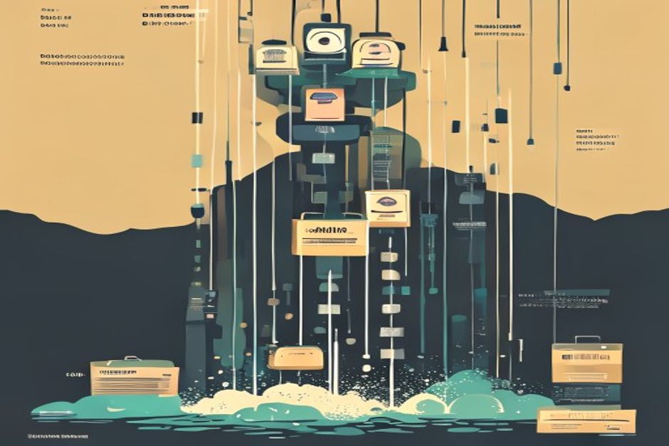 A cascade of prepaid token meters, the top one drained and dark, a stream of requests spilling down to the next lit meter and then the next — a budget waterfall funneling to the cheapest model still glowing