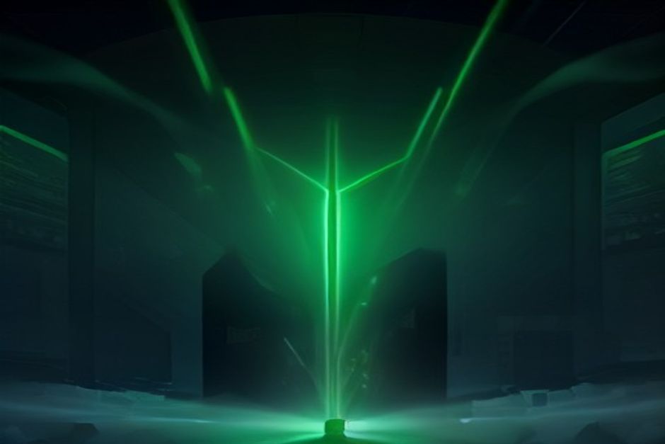 Two enormous server racks facing off, one lean and lit mint-green with a small bright active core, the other larger and heavier with a wider glowing core and a camera-eye for vision, a solo developer at a terminal choosing between two power cables, cold steel and a single warm accent