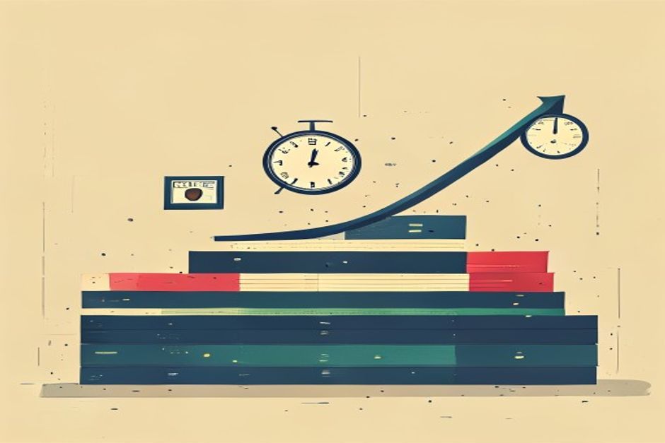 A long horizontal trajectory of stacked event tiles feeding a memory box, with a stopwatch overlaid on the output arrow