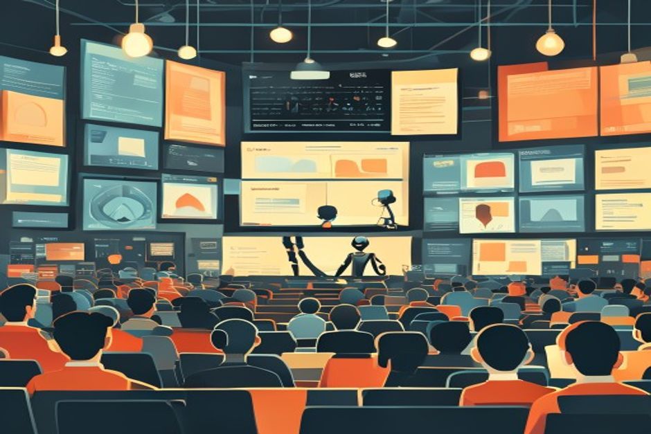 An AI agent avatar at a podium working a crowded virtual investor room — screens showing memo drafts and a heatmap of which pitch slides investors lingered on — while a small human hand reaches in at the last table to actually sign the term sheet