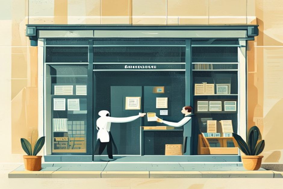 A storefront window with no door, an AI agent reaching through a single glowing one-time token slot to hand over exact change, the merchant's ledger staying on their own side of the glass