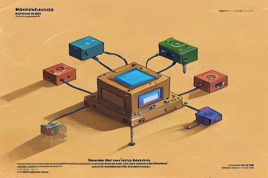 A small fixed brass mechanism at the center growing modular plug-in blocks around its edge — each block a different shape snapping into a socket, one block lit as a small window showing a UI, the whole thing reading as a platform assembling itself rather than a single machine