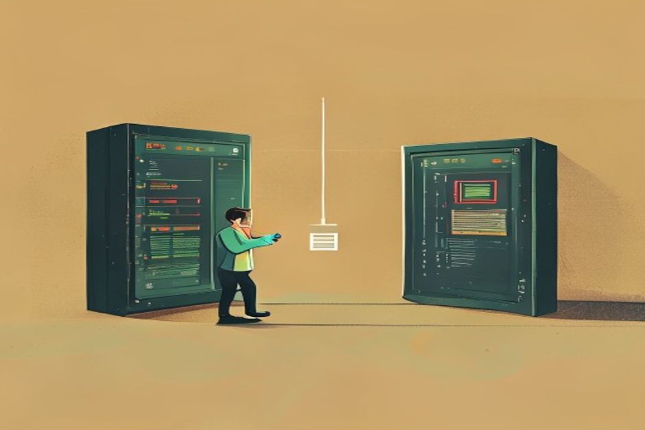 A server on the left passing a small sealed glass panel to a host on the right; inside the panel a live chart and a button, with a thin two-way wire running back through the seal