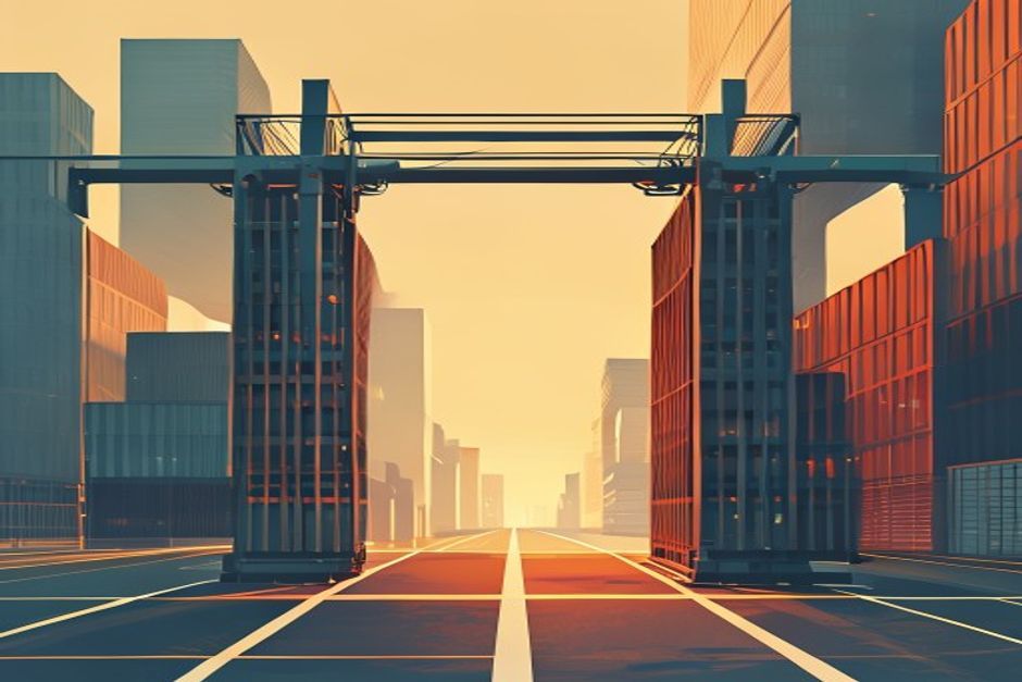 A traffic gantry reading two glowing address labels off passing containers, the container doors themselves sealed shut