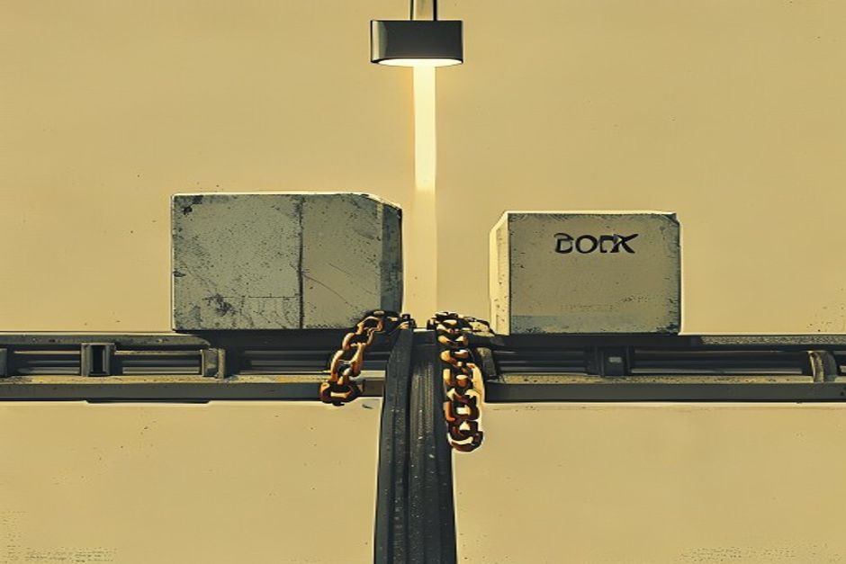 Two version tags on a fork in a rail — one worn and load-bearing marked 1.x carrying traffic, the other new and sealed marked 2.0 with a 'do not board' chain across it, one cold light overhead